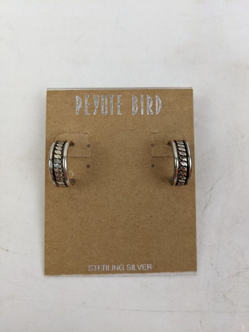 Peyote Bird Sterling Silver 1/2 Hoop Earrings On Card Pierced Ears